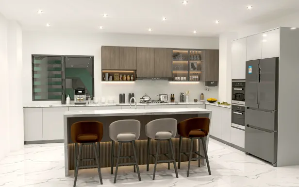 Cuisine contemporaine linéaire avec îlot central