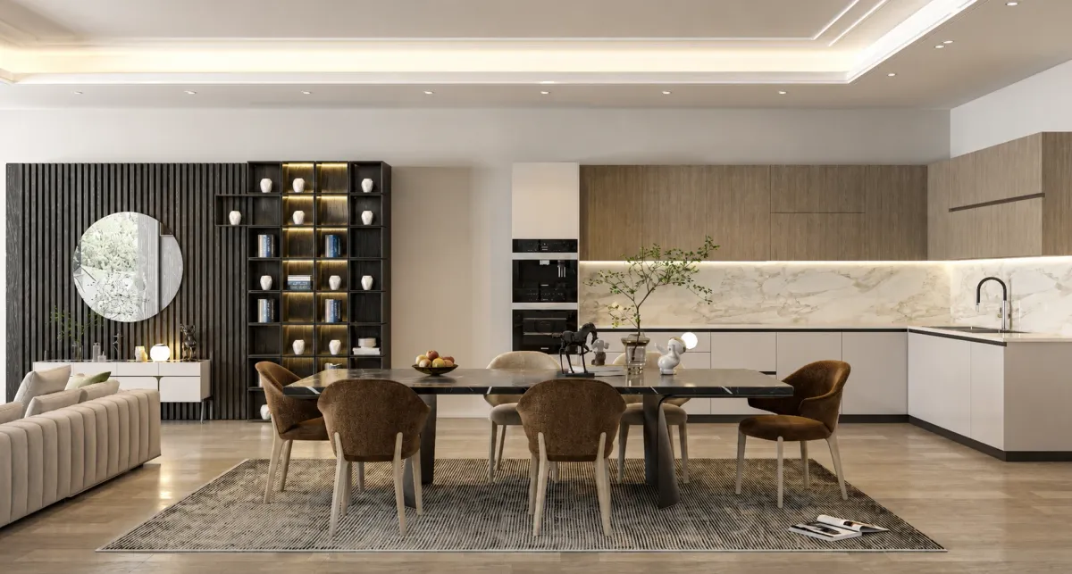 Contemporary open-concept kitchen with integrated dining area