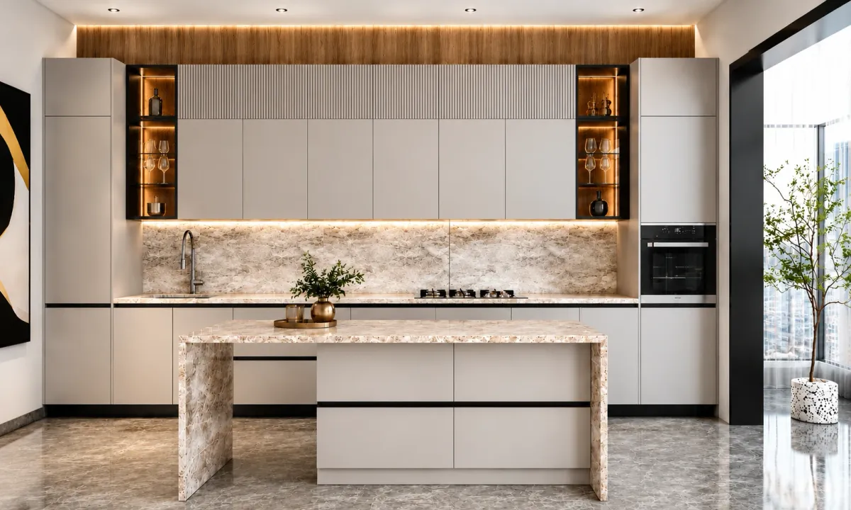 Contemporary natural wood and white kitchen with integrated appliances