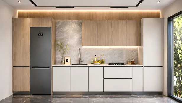 Cuisine contemporaine bois clair et blanc avec éclairage intégré