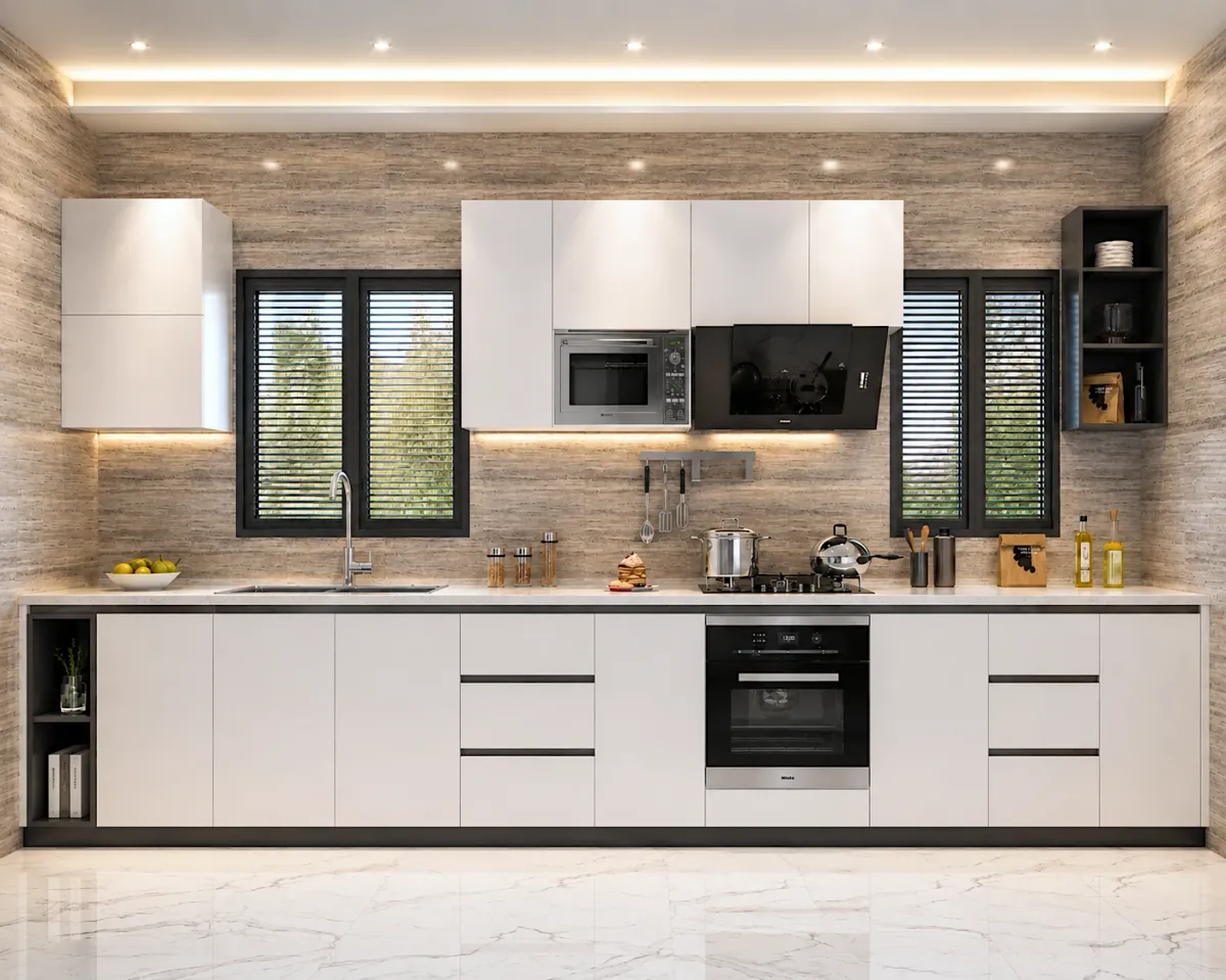 Modern kitchen with stone-effect backsplash