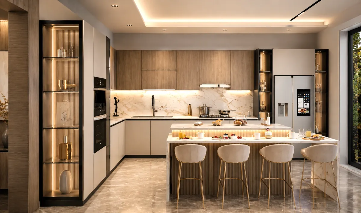 Cuisine contemporaine avec îlot central & finitions bois naturel