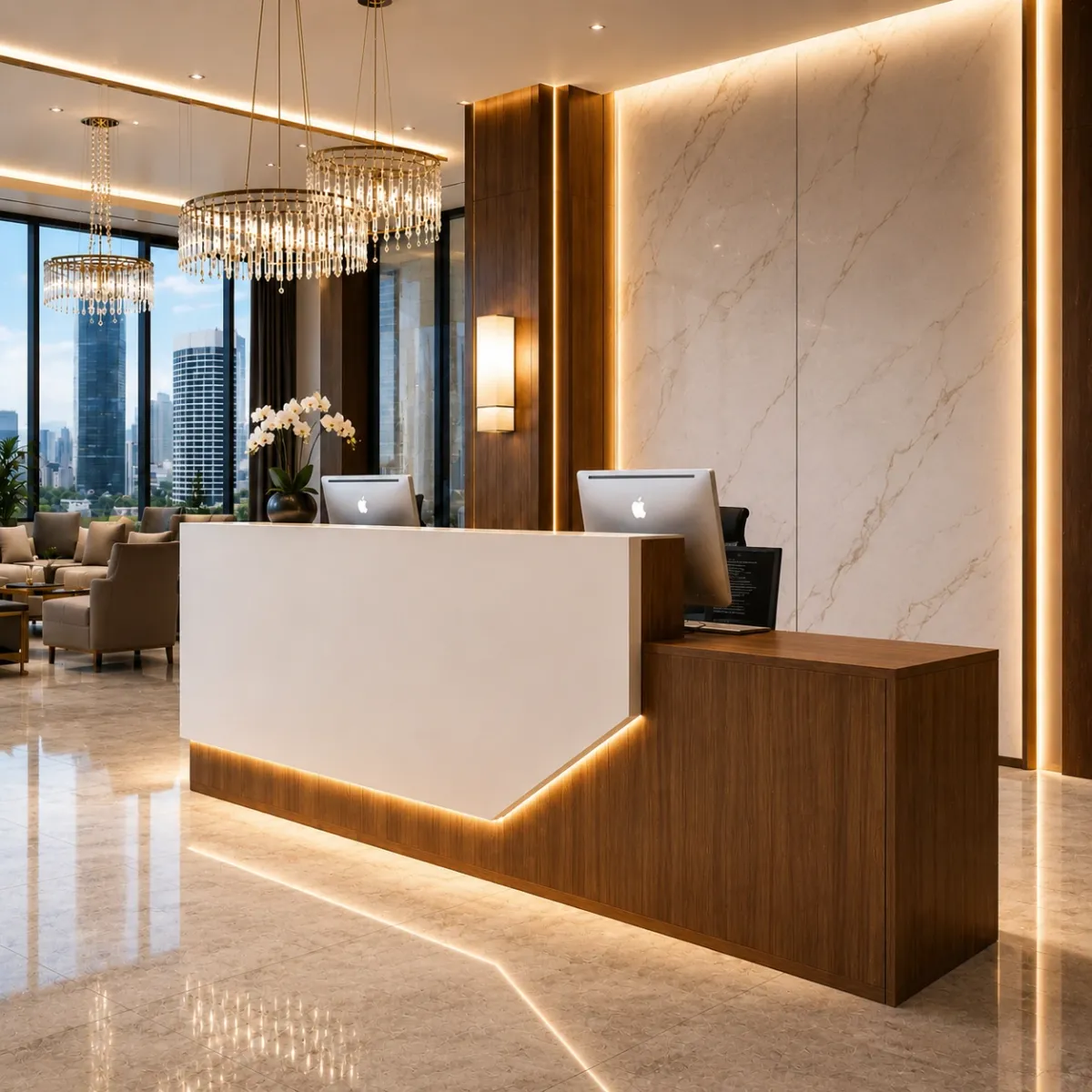 White & Walnut Reception Desk with LED Lighting