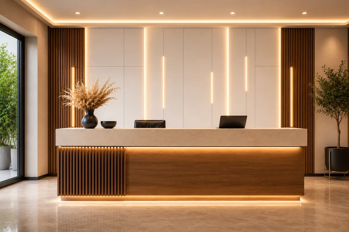 Walnut & Beige Reception Desk with LED Lighting