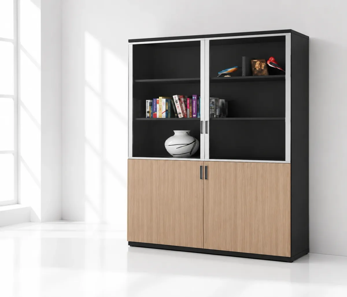 Armoire de bureau haute vitrée avec rangements fermés