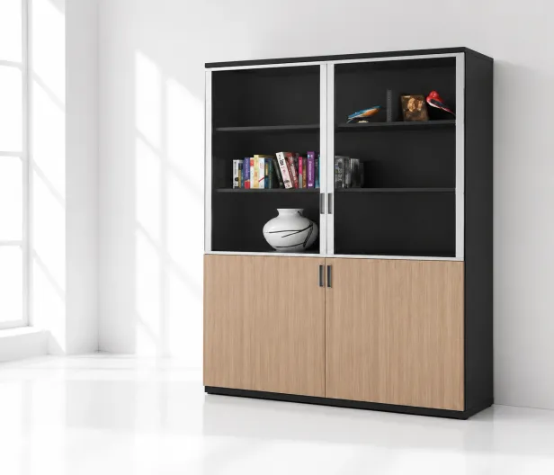 Tall glass-fronted office cabinet with closed storage