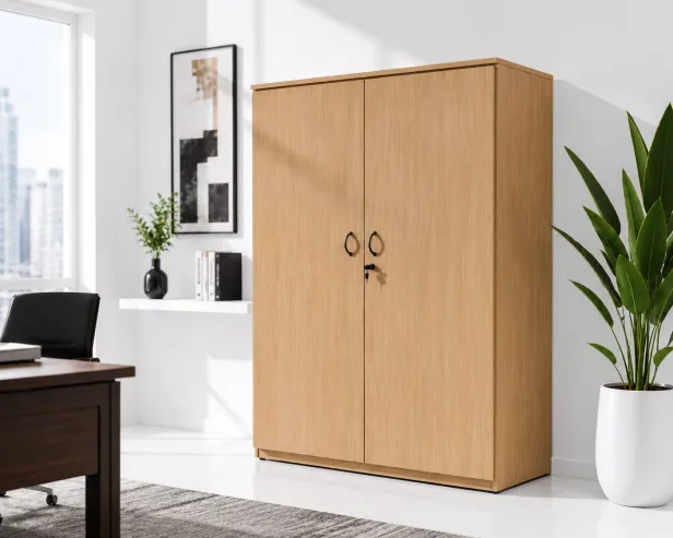 Tall office cabinet with hinged doors and lock