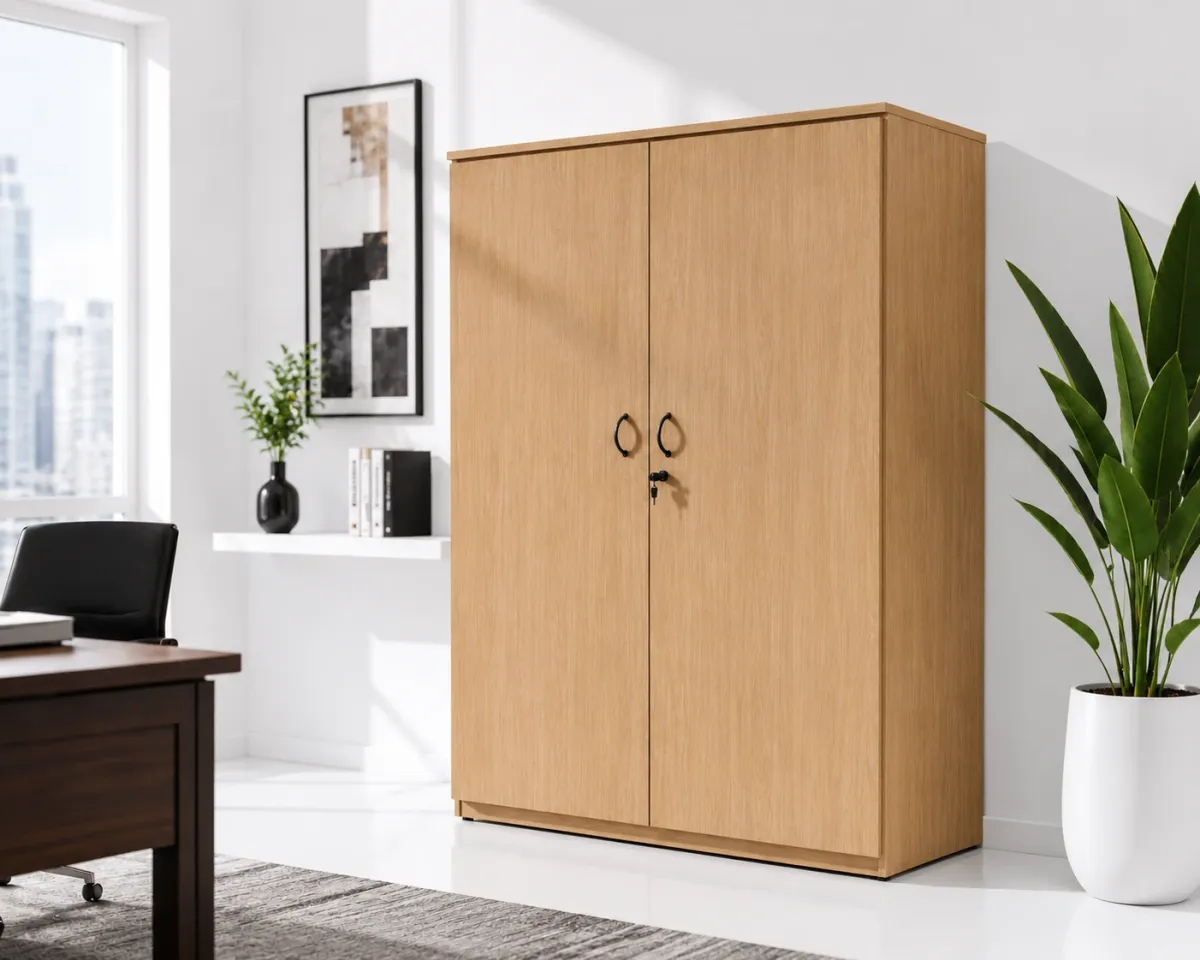 Tall office cabinet with hinged doors and lock